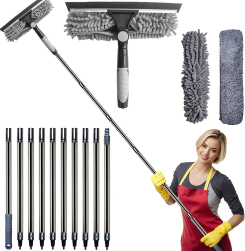 20+ Feet Reach 2 in 1 Window Washing Squeegee & Duster with 3-14 ft Splicable Extension Pole for Indoor & Outdoor
