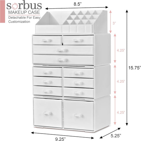 Sorbus Large Makeup Organizer, Stackable Jewelry & Makeup Storage for Vanity, Bathroom with 12 Drawers for Cosmetic