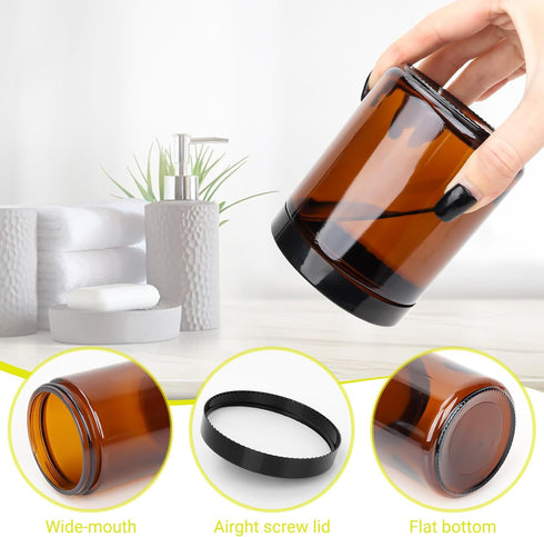 Keketin 8 oz Amber Glass Jars, 16 Pack Empty Cosmetic Containers with Black Lids, Refillable Round Cream Jars for Travel