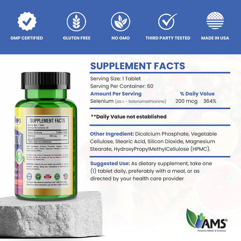 America Medic & Science Selenium 200 mcg, Pure Dietary Supplement for Immune Support, 60 Tablets