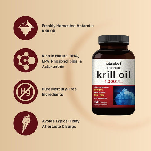 NatureBell Antarctic Krill Oil 1000mg Supplement, 240 Softgels, Natural Omega-3s, EPA, DHA, Astaxanthin