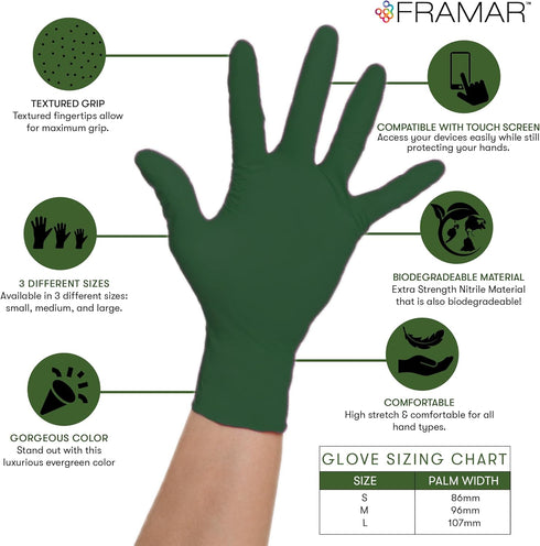 FRAMAR Disposable Latex-Free Green Gloves - Heavy Duty Medium Nitrile Gloves for Tattoo, Cooking, Biodegradable, 100