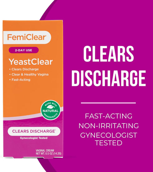 FemiClear YeastClear, Clears Discharge, Fast-Acting, Made with Natural Ingredients, Gynecologist Tested, 0.5oz Cream