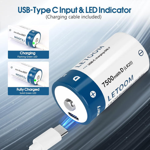 letoom 4 1 7500mWh 1.5V (6 Pack, D Batteries Rechargeable with in USB C Charging Cable D Size Cell Lithium Batteries