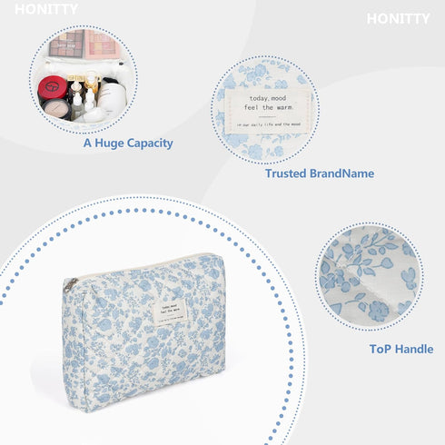 Makeup Bag, Quilted Large Floral Cosmetic Bag for Women, Cotton Travel Toiletry Bag Set