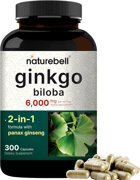 NatureBell Ginkgo Biloba 6,000mg with Panax Ginseng 500mg, 300 Capsules, Promotes Memory and Brain Health