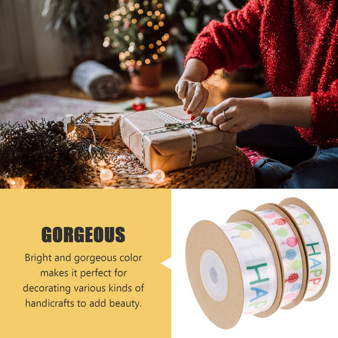 3 Rolls Happy Birthday Satin Ribbon, Wide Ribbon for Party Decoration, Balloons Wrapping