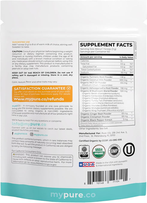 Immune (60 Golden Milk Powder Organic Blend - Adaptogenic Turmeric Latte with Ginger Ashwagandha & Mushroom Complex