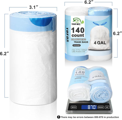 140 Count Small Trash Bags, 4 Gallon Drawstring, No-tear Design, White, YUFDA Strong Unscented Trash Bags