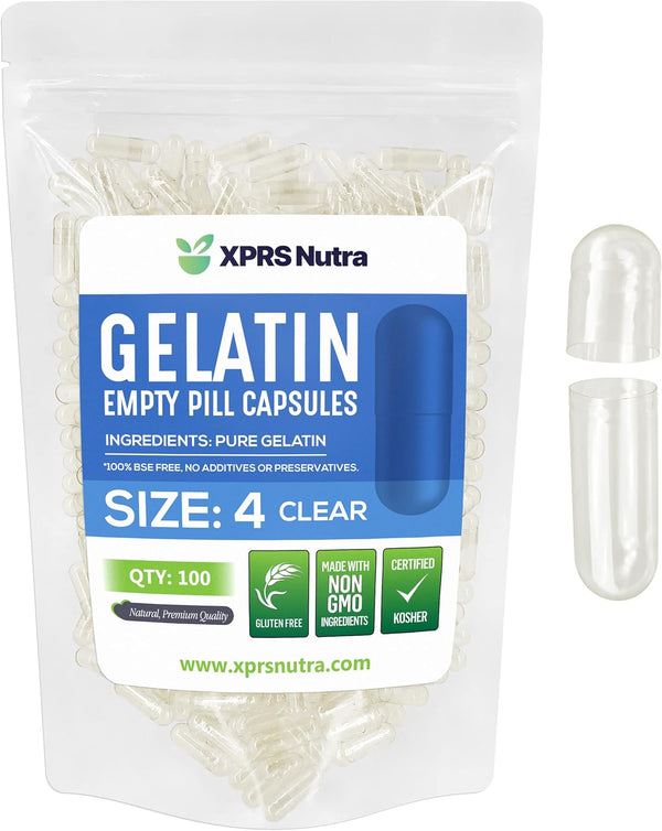XPRS Nutra Size 4 Empty Capsules - 100 Count Small Clear Gelatin Capsules for DIY Capsule Filling