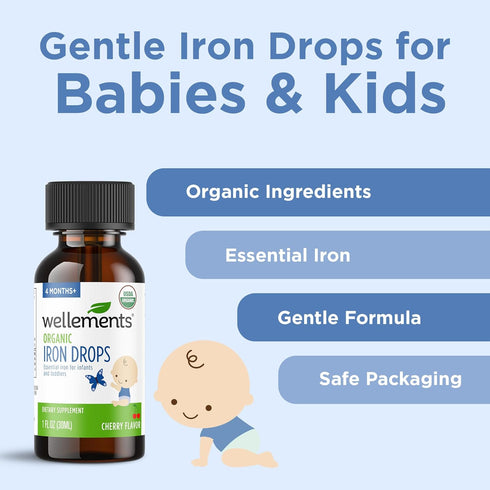 Wellements Organic Iron Drops for Newborn+ Babies (1 Fl Oz) - Cherry Flavor Liquid Iron Supplement for Infants -
