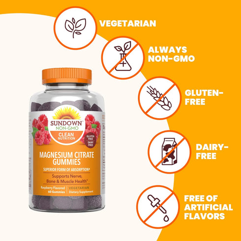 Sundown Magnesium Citrate Gummies, 60 Count, Supports Nerve, Bone & Muscle Health, Vegetarian, Raspberry Flavored