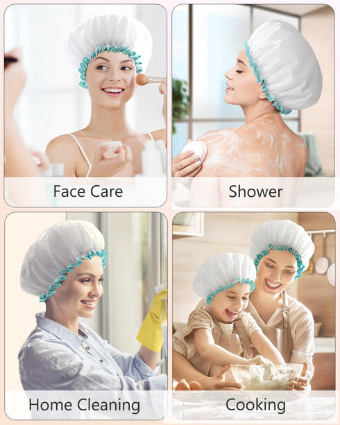 mikimini White Shower Caps for Women - 2 Pack, Large Size, Reusable, Waterproof Washable Hair Caps for Long Hair