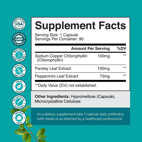 Immunity (90ct) Chlorophyll Capsules for Cleanse and Detox Support - Internal Deodorant Pills for Body Odor with Mint