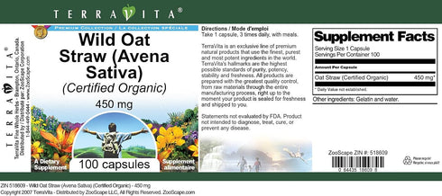 Terravita 450 (100 518609) Wild Oat Straw (Avena Sativa) (Certified Organic) - mg Capsules, ZIN: