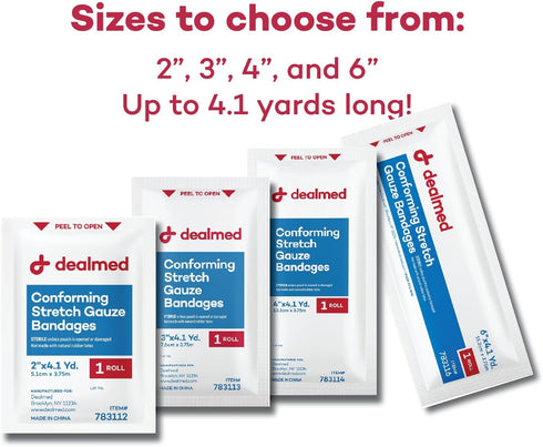 Dealmed 6" Sterile Conforming Stretch Gauze Bandages, 4.1 Yards Latex Free Stretched Dressing Wrap, Medical