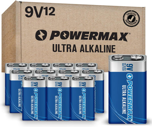 Powermax 12-Count 9V Batteries, Ultra Long Lasting Alkaline, 7-Year Shelf Life
