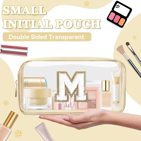 Small Clear Personalized Initial Makeup Bag, Nylon Preppy A-Z Chenille Letter Patch Cosmetic Pouch (Beige-White M)