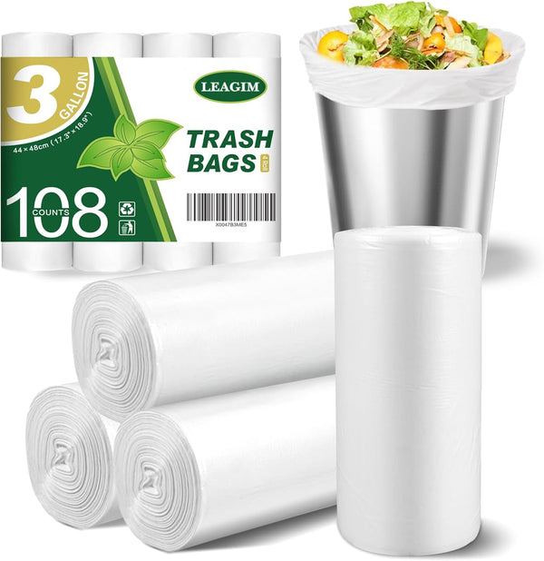 Small Trash Bags, 3 Gallon, 108 Count Garbage Bags, Bathroom Mini Trash Can Liners, Clear
