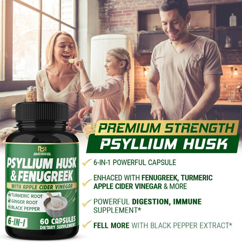 BMVINVOL Psyllium Husk Fiber Supplement with Fenugreek, Apple Cider Vinegar, Turmeric, Ginger, Black Pepper - 60