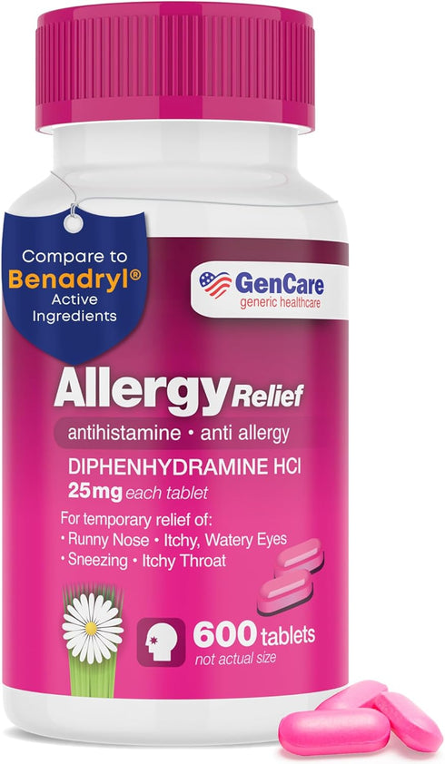 GenCare Allergy Relief Medicine, Antihistamine Diphenhydramine 25mg (600 Tablets) for Itchy Eyes, Sneezing