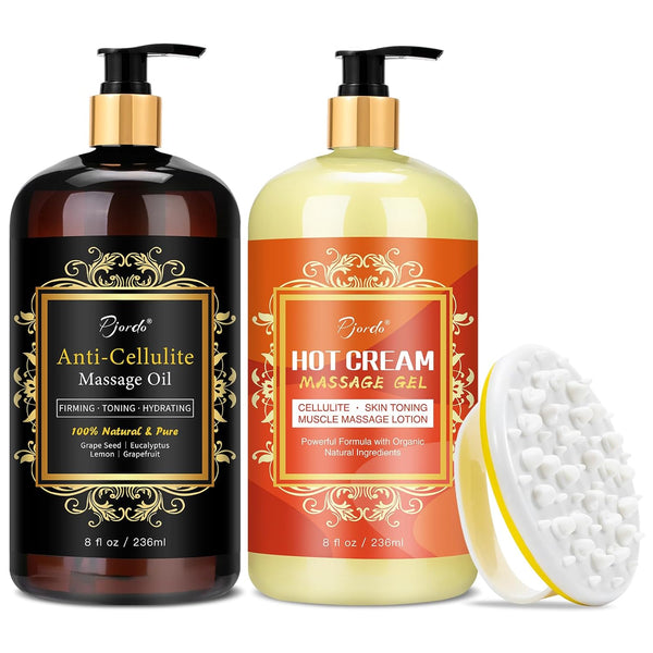 Pjordo Anti Cellulite Massage Oil & Hot Cream Set with Massager, Natural