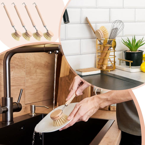 Maxdot 10 2 Inch Pcs Kitchen Dish Brush with Beechwood Handle Natural Wooden Handle Scrub Brush Fiber Bristles Dish
