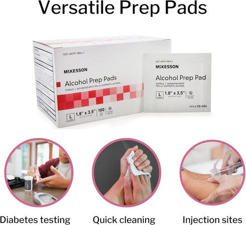 McKesson Alcohol Prep Pads, 70% Isopropyl, Pack of 100, Sterile Medical-Grade Wipes