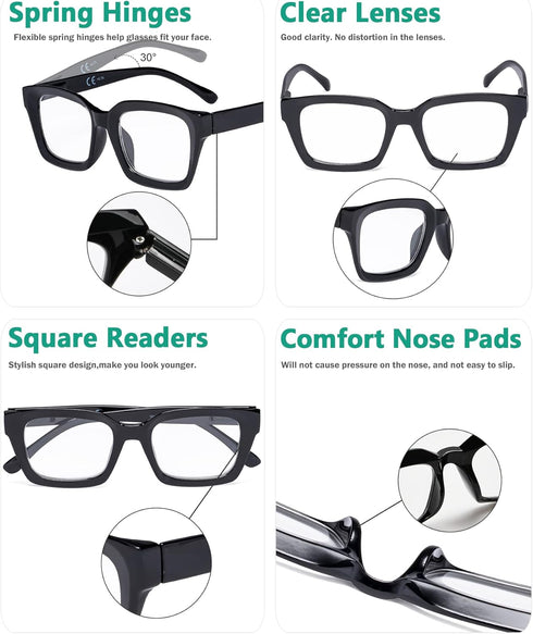 Eyekepper Ladies Reading Glasses, Oversized Square Design Readers for Women, Black