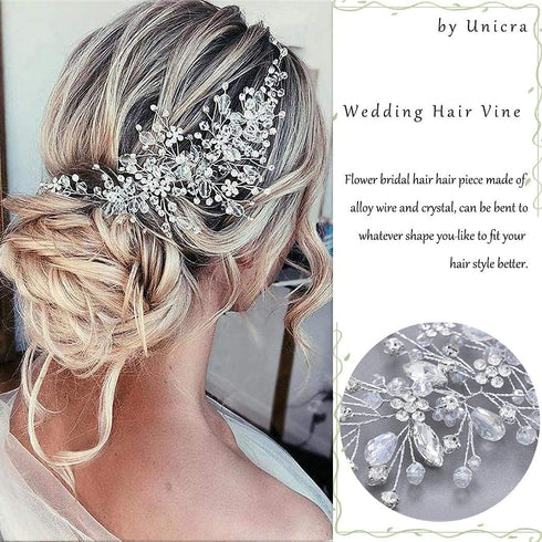 Unicra Bride Flower Wedding Hair Vine, Crystal Bridal Piece, Rhinestone Leaf Jewelry Headpiece for Women