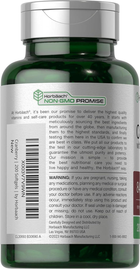Horbaeach Cranberry Pills with Vitamin C | 8400mg | 200 Softgels | Non-GMO, Gluten Free Concentrate Extract Supplement