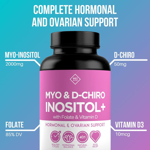 Premium Inositol Supplement - Myo-Inositol and D-Chiro Inositol Plus Folate and Vitamin D - Ideal 40:1 Ratio - Hormone Balance & Healthy Ovarian Support for Women - Vitamin B8-30 Day Supply