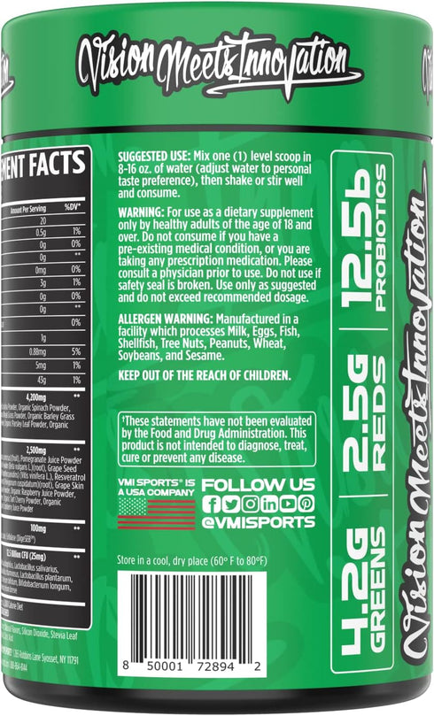 VMI Sports Greens + Reds Superfood for Immunity and Gut Health, 30 Servings (Chocolate)