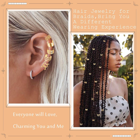 NAISKA Gold Metal Hair Jewelry for Braids, Dreadlocks, Beards - 30PCS Non-Piercing Ear Clips, Cuffs, Locs Decoration