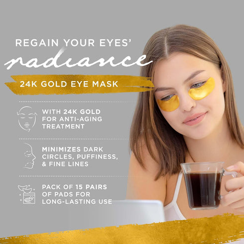 Under Eye Gel Pads, Collagen Eye Patches for Puffy Eyes, Dark Circles, 24K Gold Eye Mask with Hyaluronic Acid, 15 Pairs