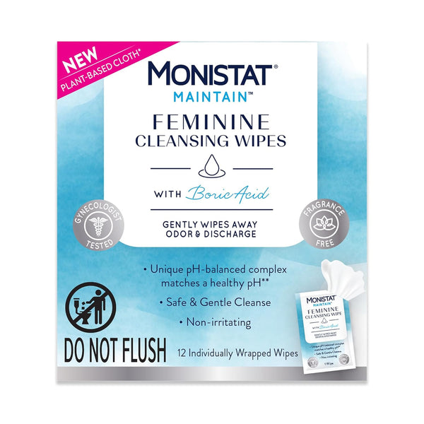 Monistat Maintain Feminine Wipes with Boric Acid, Fragrance Free, 12 Ct for Feminine Care