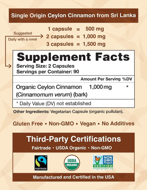 Organic Ceylon Cinnamon (100% Certified) Supplement - 180 Capsules, 3 Month Supply