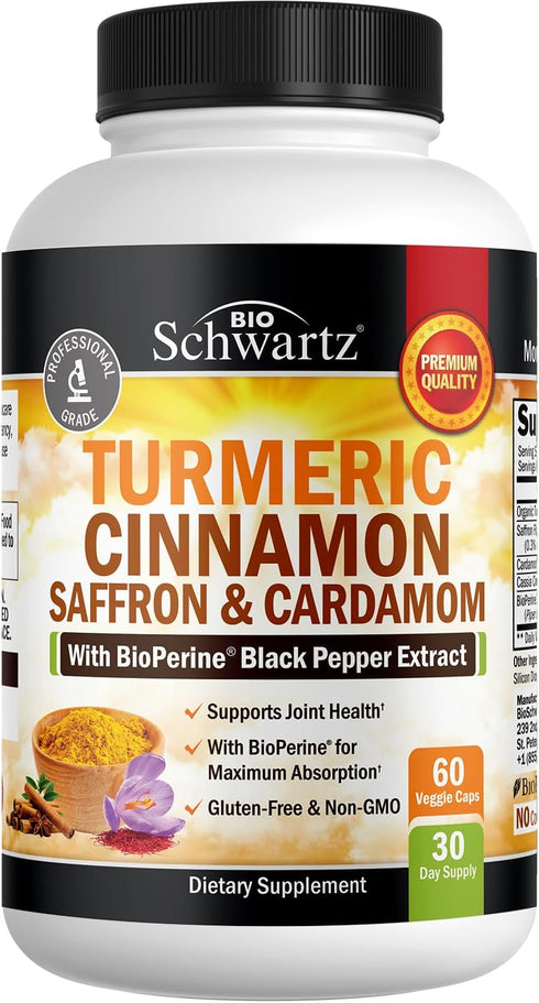 Turmeric Supplement with Saffron, Cinnamon & Cardamom - 60 Capsules, Natural Tumeric Curcumin Joint Support Supplement