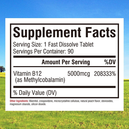 Innate Vitality Vitamin B12 5000mcg, Vegan Methylcobalamin, Fast Dissolve Tablets, Natural Peach Flavor, Supports Energy Production & Healthy Nervous System, 90 Tablets