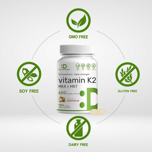 Vitamin K2 Supplement 600mcg, 180 Virgin Coconut Oil Softgels, Full Spectrum MK-7 & MK-4, Bone & Immune Support