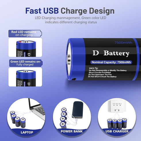 wowpower 7500mWh 4 Pack, 1.5V LR20 Rechargeable Lithium D Cell Batteries with USB-C Charging Cable, D Size Battery
