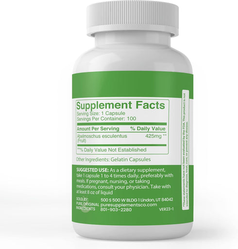 Pure Original Ingredients Okra Extract, 100 Capsules, Always Pure, Lab Verified, No Additives or Fillers