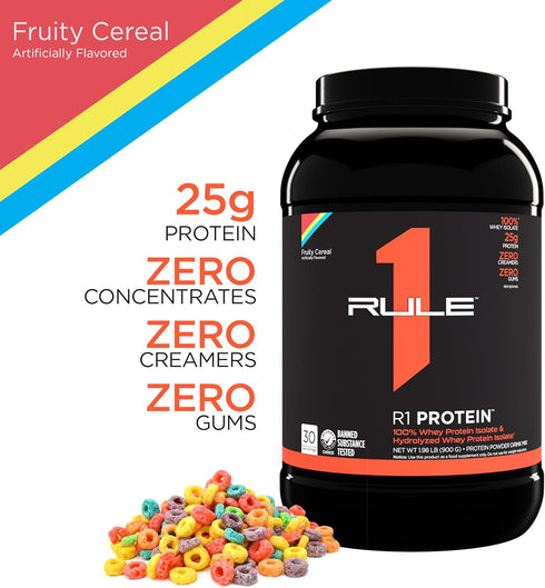 Rule 1 R1 Protein, Fruity Cereal, 1.98 lbs Powder, 25g Whey Isolate & Hydrolysate, 30 Servings