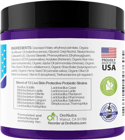 OmNutra 4OZ 13 Topical Probiotic Skin Cream - Jar Strain Moisturizing Probiotic Lotion Eczema Treatment Psoriasis