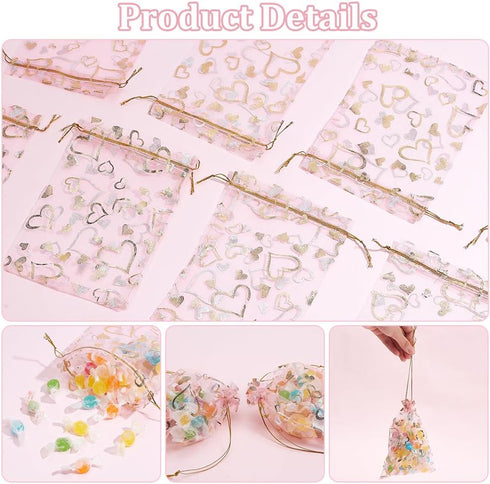 PH PandaHall 5x7 Inches Heart Organza Bags, 100pcs Pink Gift Bags for Jewelry and Wedding Favors