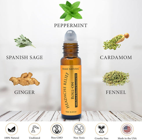 Headache Relief Essential Oil Roll On 10ml, Pre-Diluted Roller for Migraine, Tension, Calming, Soothing, Sprain & Sleep