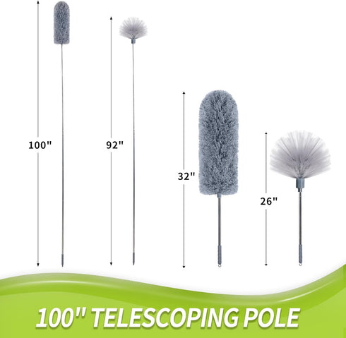 Cobweb Duster with Extension Pole, Spider Web Brush & Ceiling Duster Kit for Cleaning, 100" Microfiber Feather Duster