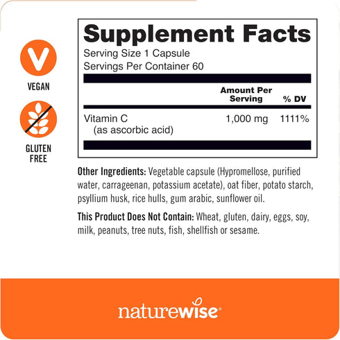 NatureWise Vitamin C 1000mg Capsules - Vegan, Non-GMO, Gluten Free Dietary Supplement for Immune Support - 60 Count