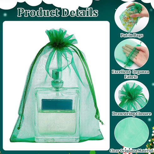 PH PandaHall 100pcs Organza Bags, 5x7 inch Jewelry Pouches, Gift Bags, Sheer Bag with Drawstring, Green Mesh Bag