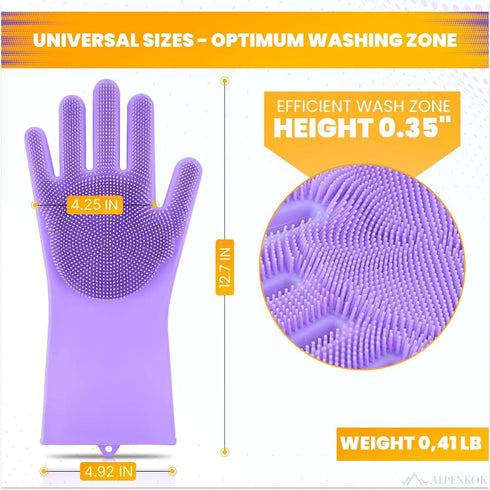 Silicone Dishwashing Gloves, Reusable Rubber Gloves for Cleaning, Kitchen Scrubber, 1 Pair, Purple